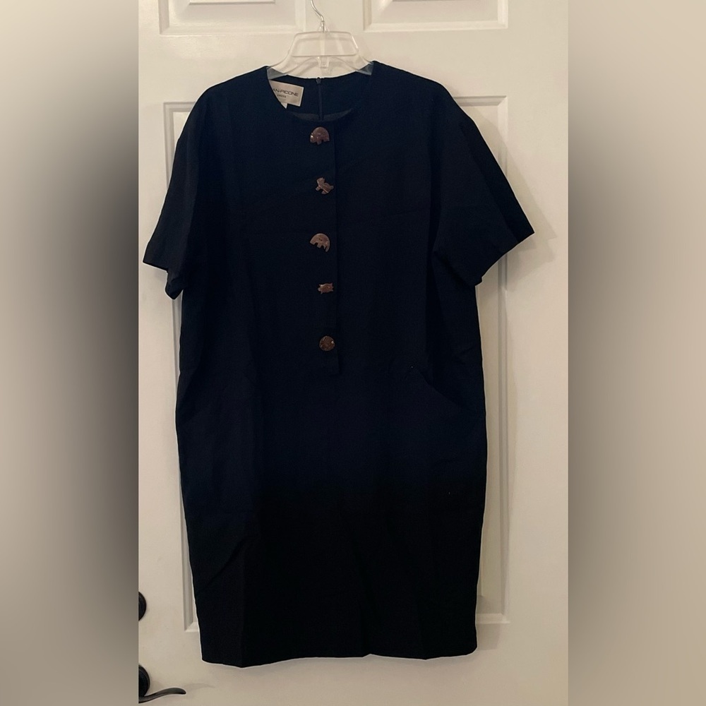 Evan-Picone Vintage Dress Size 18 Black Short Sleeve Wood Novelty Buttons 1990’s - Picture 1 of 12